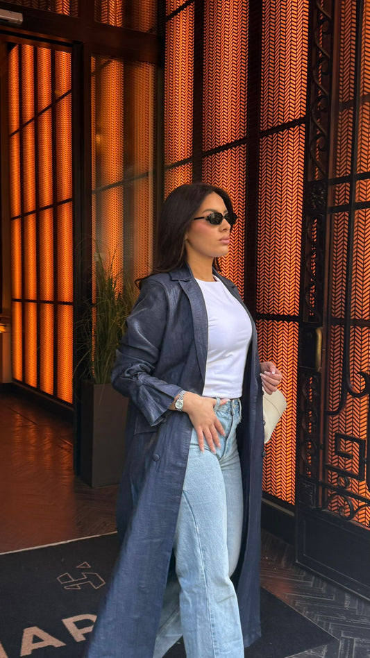 Abaya Manteau Effet Métallisé Bleu Marine